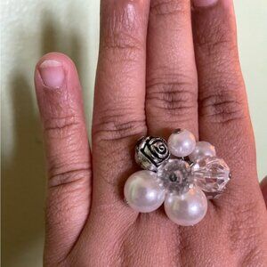 Adjustable rose pearl and bead ring